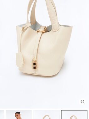 Mini Cream Pebbled Leather Tote with Gold Lock